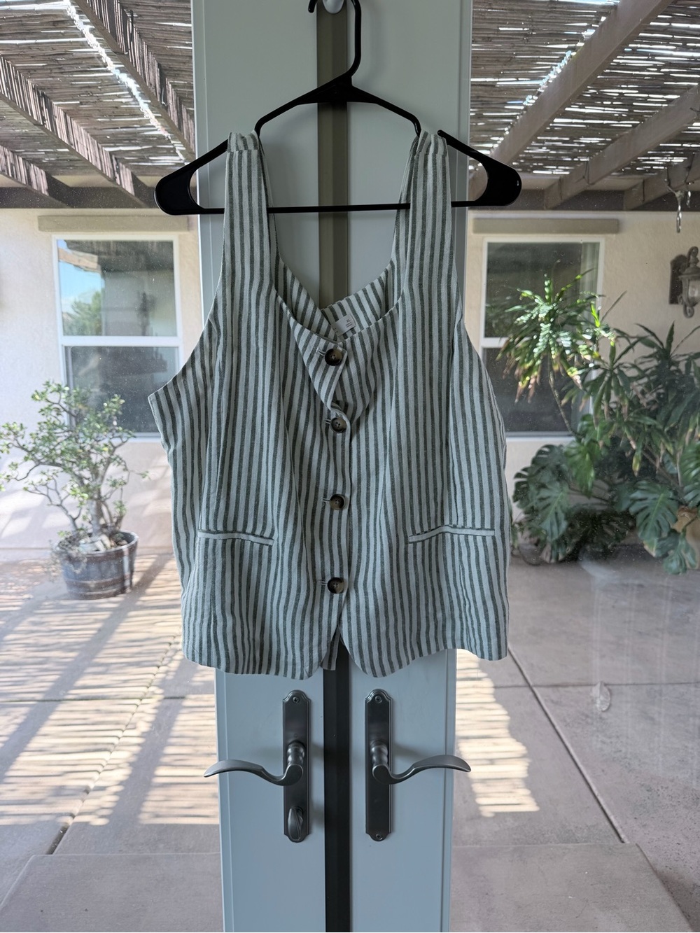LC Lauren Conrad Cream and Olive Striped Button Vest